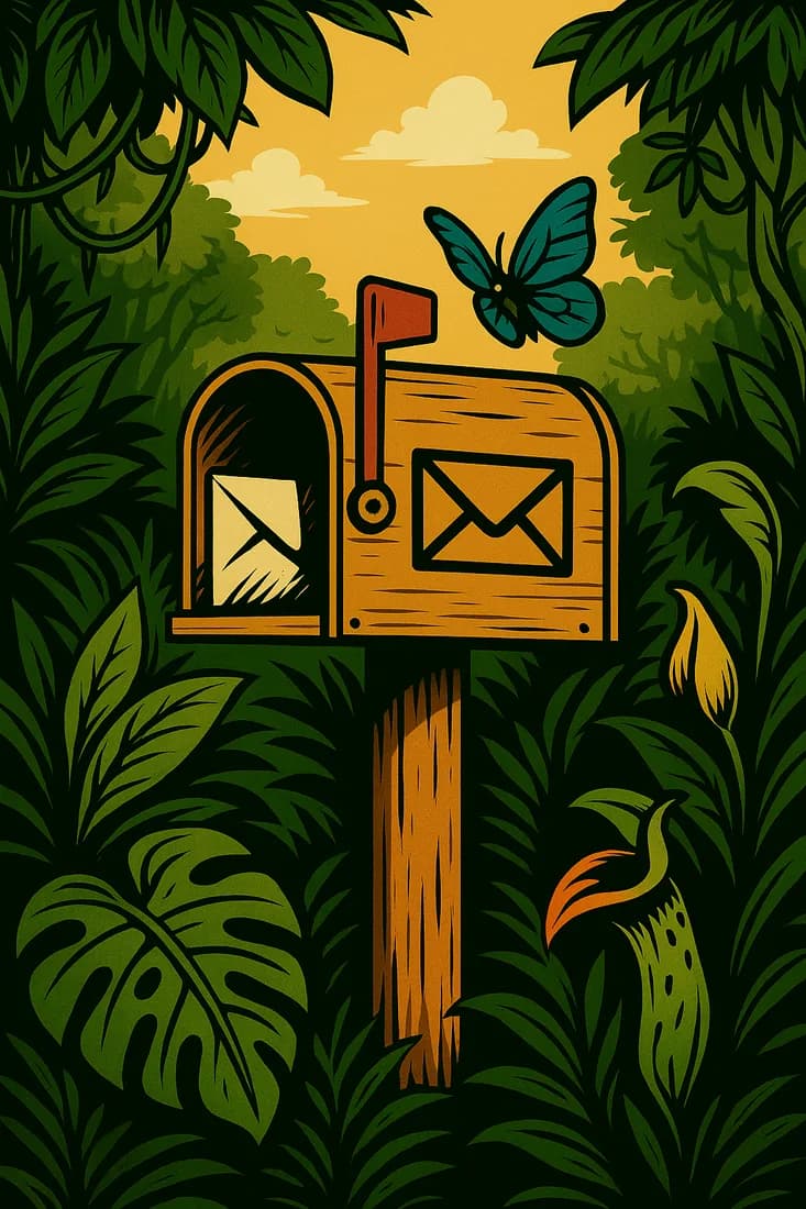A jungle mailbox with a butterfly perched on top