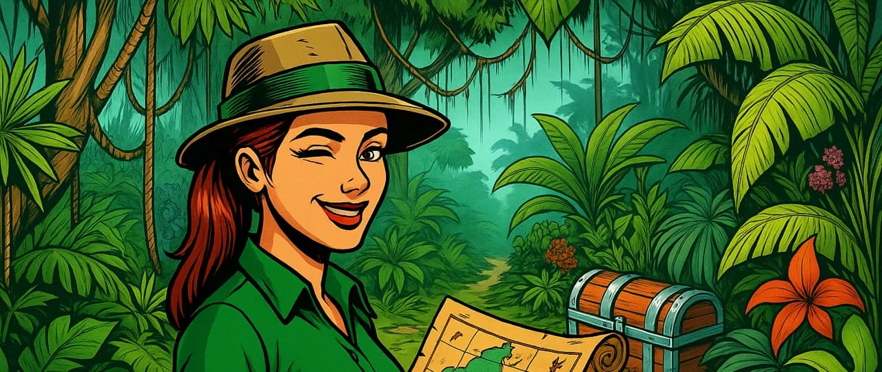 An explorer reading a treasure map beside a chest in the business jungle