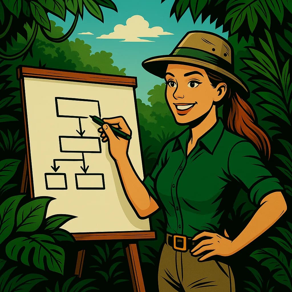 A friendly guide mapping out ideas on a flip chart in the jungle